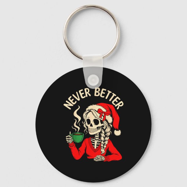 Skeleton Girl Santa Drinking Coffee Xmas Funny Sku Key Ring (Front)