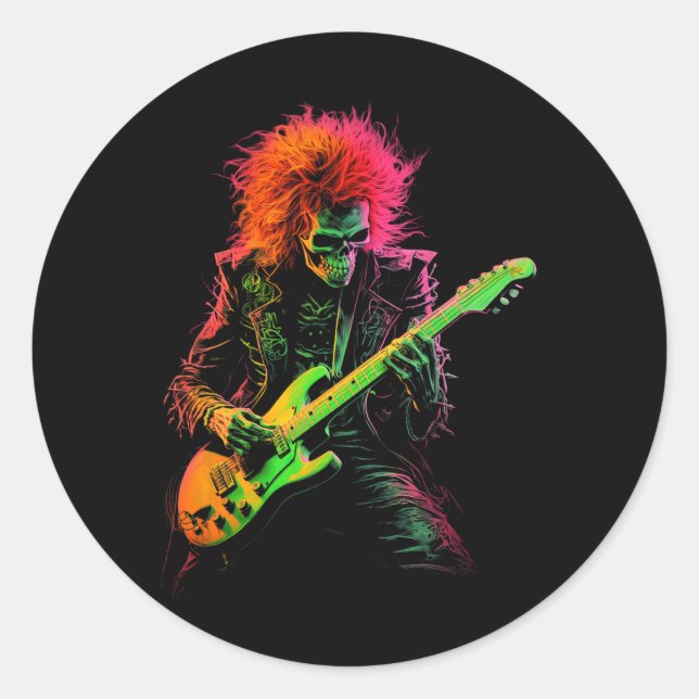 Skeleton Graphic Tee Playing Guitar Rock Nd Hallow Classic Round Sticker (Front)