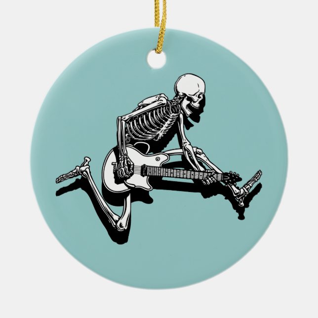 Skeleton Guitarist Jump Ceramic Tree Decoration (Front)