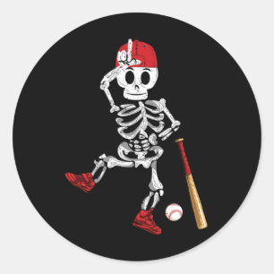 Skeleton Halloween Funny Skeleton Baseball Playing Classic Round Sticker