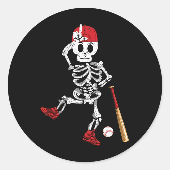 Skeleton Halloween Funny Skeleton Baseball Playing Classic Round Sticker (Front)