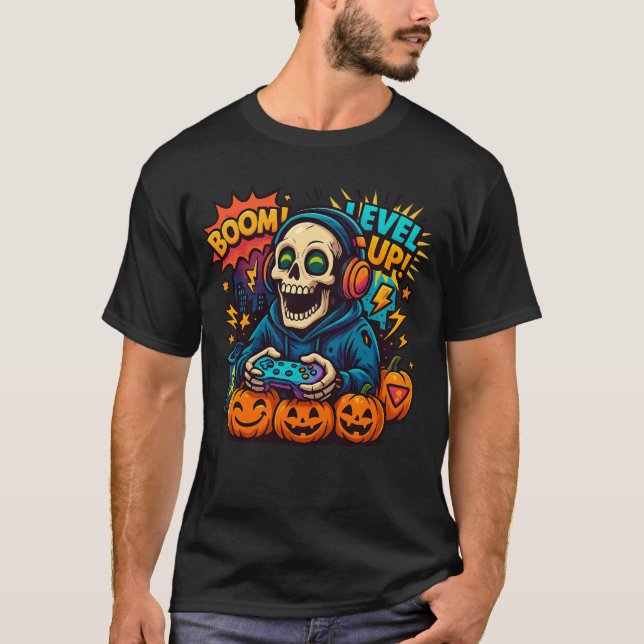 Skeleton Halloween Skull Gamer Spooky Pumpkin game T-Shirt (Front)