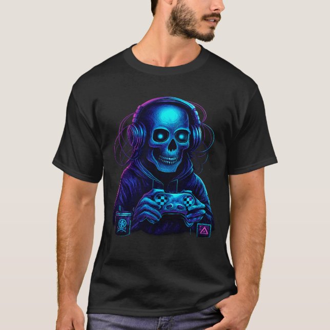 Skeleton Halloween Skull Gamer Spooky Pumpkin game T-Shirt (Front)