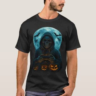 Skeleton Halloween Skull Gamer Spooky Pumpkin game T-Shirt