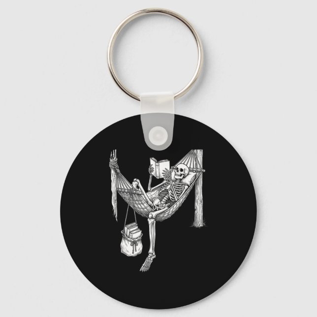 Skeleton hammock reading funny book lover gift  key ring (Front)
