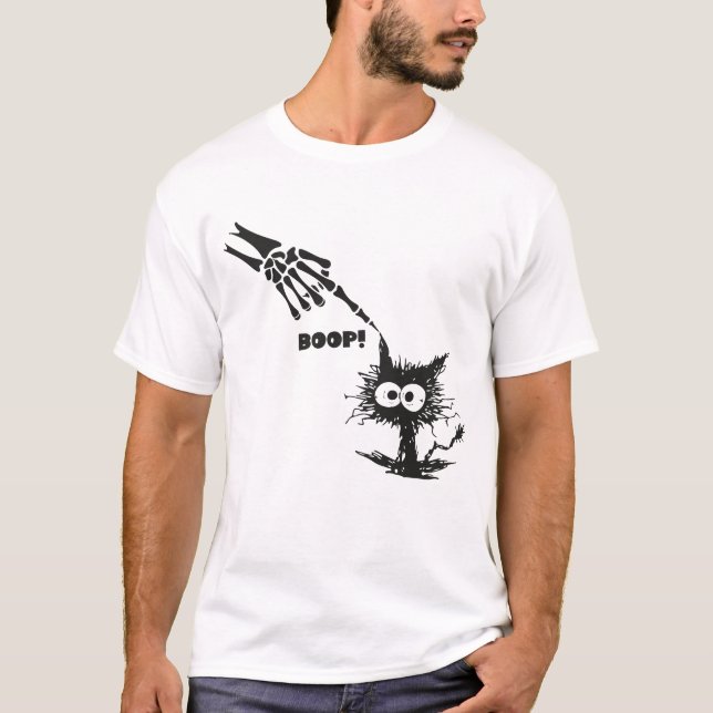 Skeleton Hand Boop On A Cat's Head Funny Halloween T-Shirt (Front)