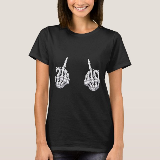 Skeleton Hand Halloween Bones Middle Finger Skull T-Shirt (Front)