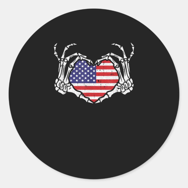 Skeleton Hand Heart 4th Of American Flag Patriotic Classic Round Sticker (Front)