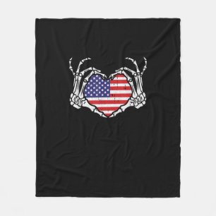 Skeleton Hand Heart 4th Of American Flag Patriotic Fleece Blanket
