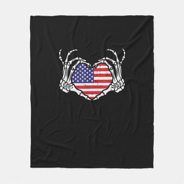 Skeleton Hand Heart 4th Of American Flag Patriotic Fleece Blanket (Front)