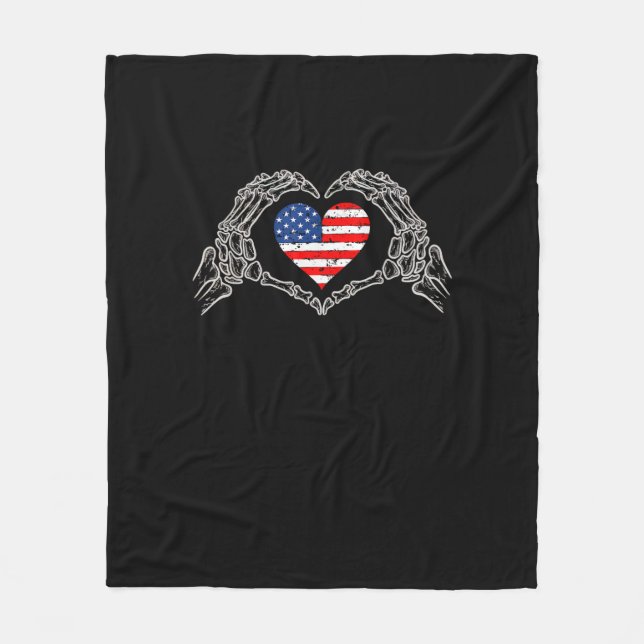 Skeleton Hand Heart 4th Of American Flag Patriotic Fleece Blanket (Front)