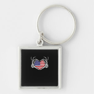 Skeleton Hand Heart 4th Of American Flag Patriotic Key Ring