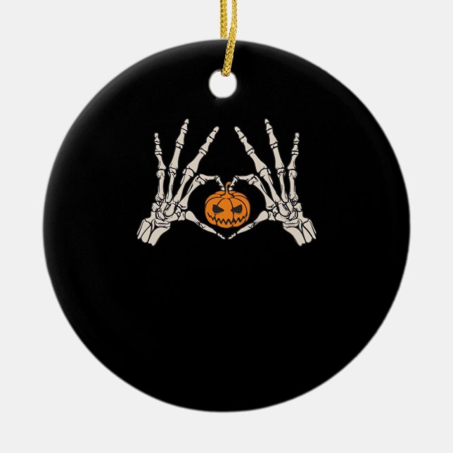 Skeleton Hand Heart And Pumpkin Funny Skull Hallow Ceramic Tree Decoration (Front)