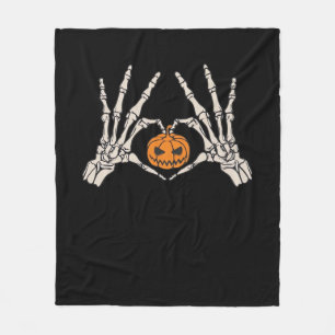 Skeleton Hand Heart And Pumpkin Funny Skull Hallow Fleece Blanket