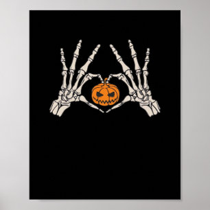 Skeleton Hand Heart And Pumpkin Funny Skull Hallow Poster
