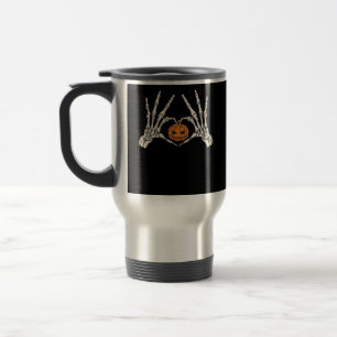 Skeleton Hand Heart And Pumpkin Funny Skull Hallow Travel Mug