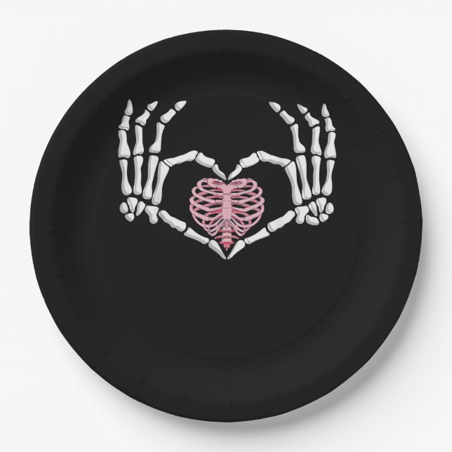 Skeleton Hand Heart Funny Halloween Women Men Paper Plate (Front)