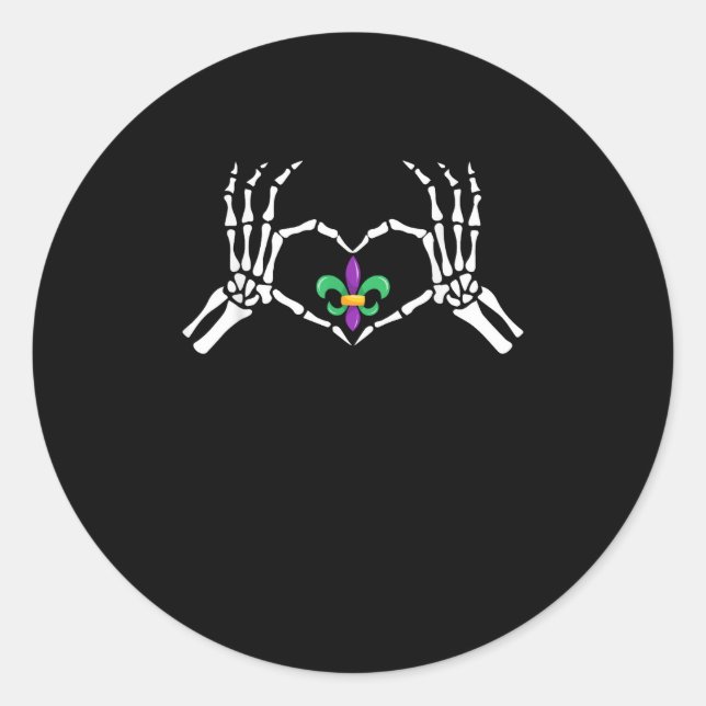 Skeleton Hand Heart Mardi Gras Classic Round Sticker (Front)
