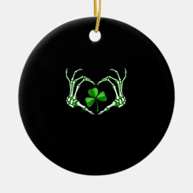 Skeleton Hand Heart Shamrock St Patricks Day Paddy Ceramic Tree Decoration (Front)