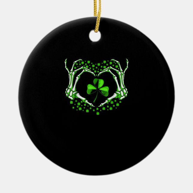 Skeleton Hand Heart Shamrock St Patricks Day Paddy Ceramic Tree Decoration (Front)