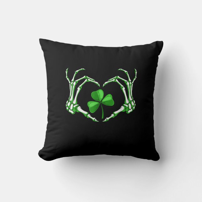Skeleton Hand Heart Shamrock St Patricks Day Paddy Cushion (Front)