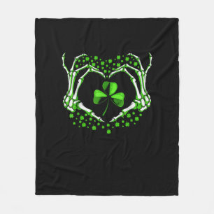 Skeleton Hand Heart Shamrock St Patricks Day Paddy Fleece Blanket