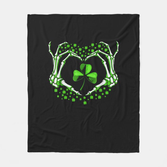 Skeleton Hand Heart Shamrock St Patricks Day Paddy Fleece Blanket (Front)