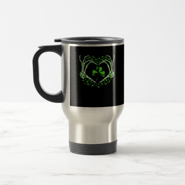 Skeleton Hand Heart Shamrock St Patricks Day Paddy Travel Mug (Left)