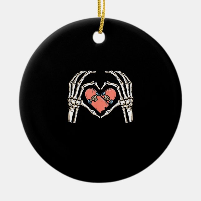 Skeleton Hand Heart Skateboard Valentines Day Funn Ceramic Tree Decoration (Front)