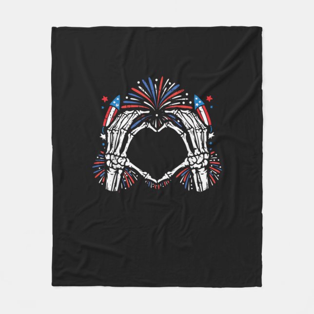 Skeleton Hand Heart USA Patriotic American Fleece Blanket (Front)