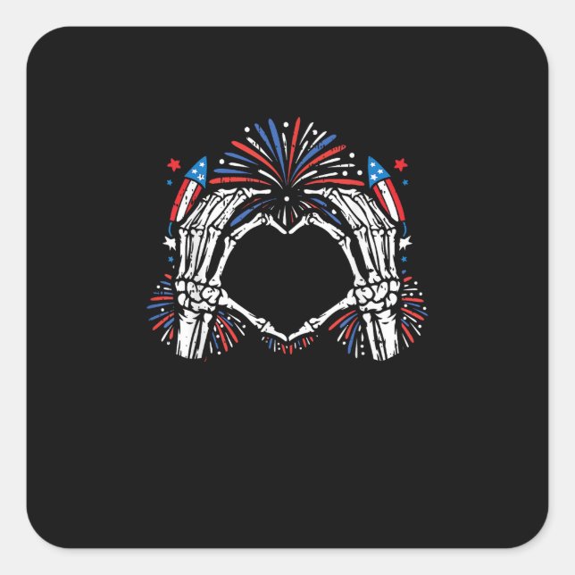 Skeleton Hand Heart USA Patriotic American Square Sticker (Front)