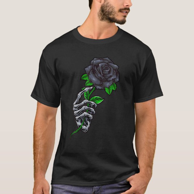 Skeleton Hand Holding A Black Rose Funny Tattoo Lo T-Shirt (Front)