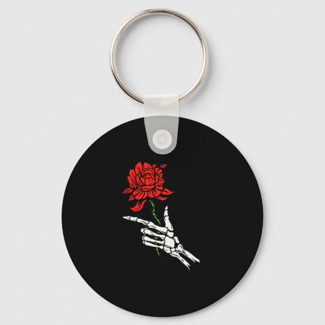 Skeleton Hand Holding A Red Rose  Key Ring (Front)