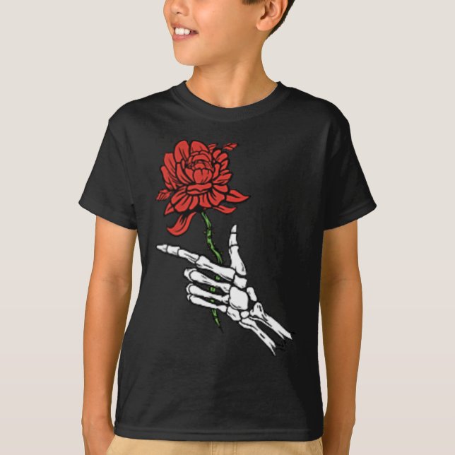 Skeleton Hand Holding A Red Rose  T-Shirt (Front)