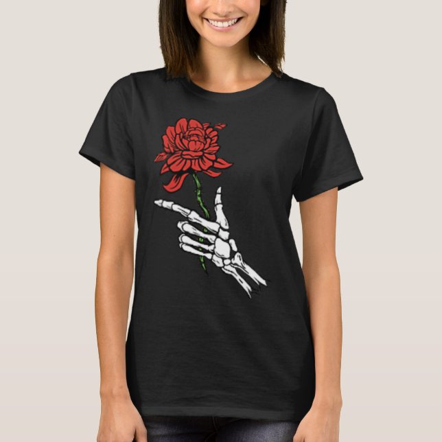 Skeleton Hand Holding A Red Rose  T-Shirt (Front)