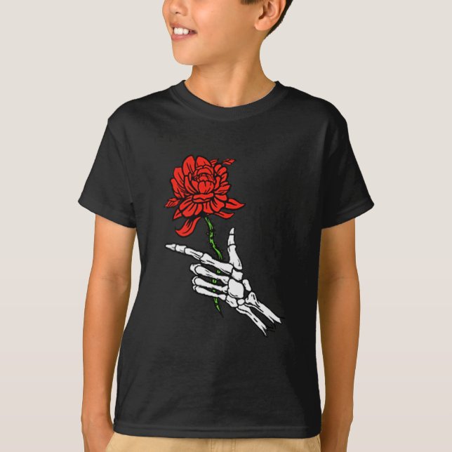 Skeleton Hand Holding A Red Rose  T-Shirt (Front)