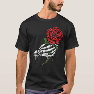 Skeleton Hand Holding A Single Red Rose Stem Tatto T-Shirt