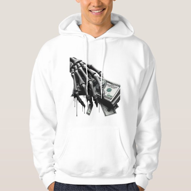 Skeleton Hand Holding Money – Bold Minimalist Des Hoodie (Front)