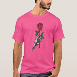 Skeleton Hand Holding Red Rose Flower Graphic T-Shirt