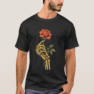 Skeleton Hand Holding Rose Red Rose Flower T-Shirt