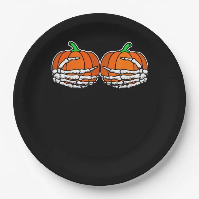 Skeleton Hand On Chest Pumpkin Halloween Women Paper Plate (Front)