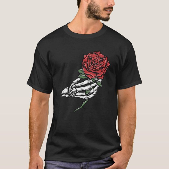 Skeleton Hand Red Rose Flower T-Shirt (Front)