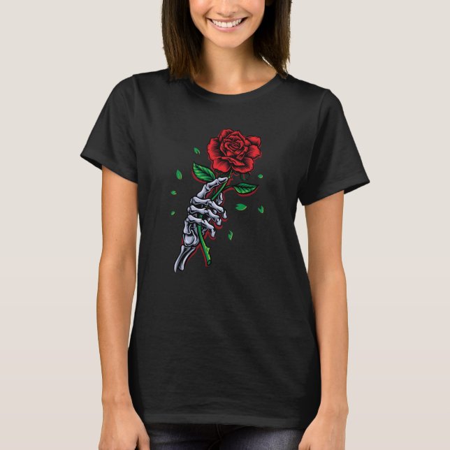 Skeleton Hand Red Rose Flower T-Shirt (Front)