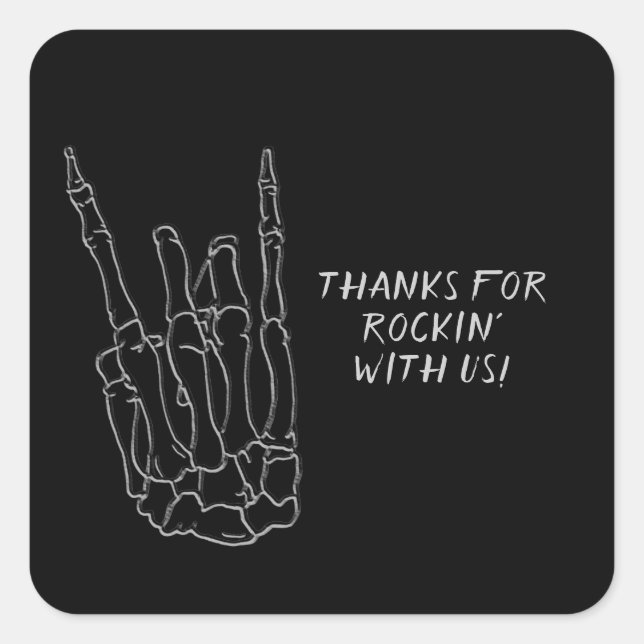 Skeleton Hand Rock Star Black Birthday Party Square Sticker (Front)