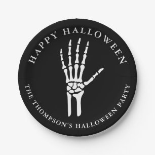 Skeleton Hand Silhouette On Black Happy Halloween Paper Plate