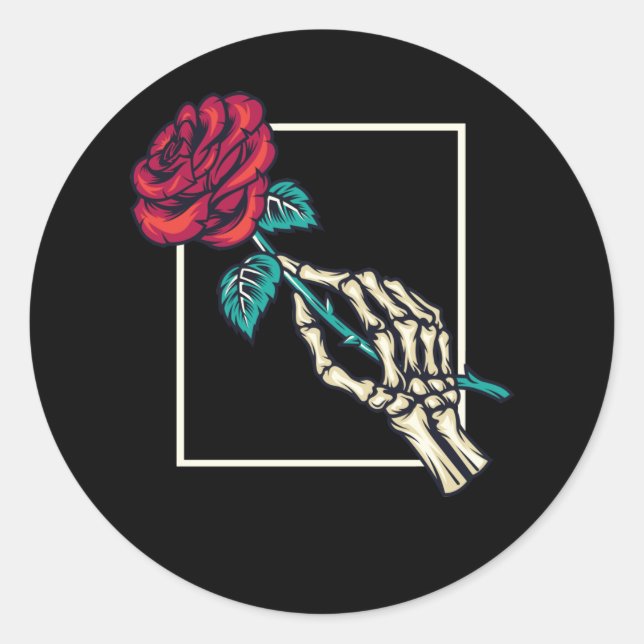 Skeleton Hand with Death Rose Romantic Floral Classic Round Sticker (Front)