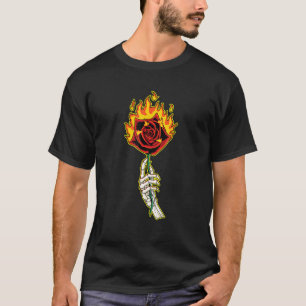 Skeleton Hand With Rose Flower on Fire T-Shirt