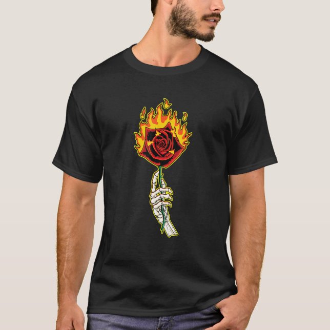 Skeleton Hand With Rose Flower on Fire T-Shirt (Front)