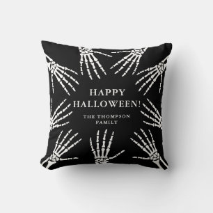 Skeleton Hands Family Name Happy Halloween Black Cushion