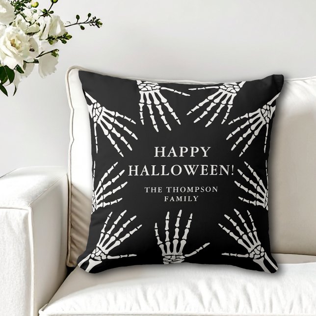 Skeleton Hands Family Name Happy Halloween Black Cushion (Creator Uploaded)